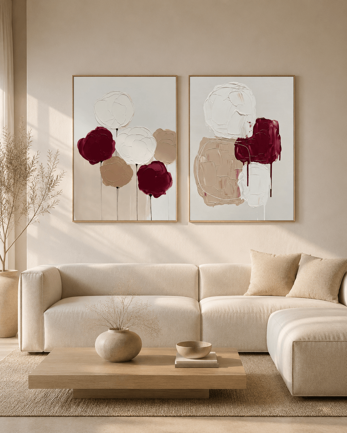 KIT 2 QUADROS DECORATIVOS - ABSTRATO VINHO E BEGE